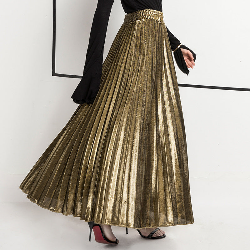 Women's Pleated Long High Waist Big Swing Gold Beach Skirts