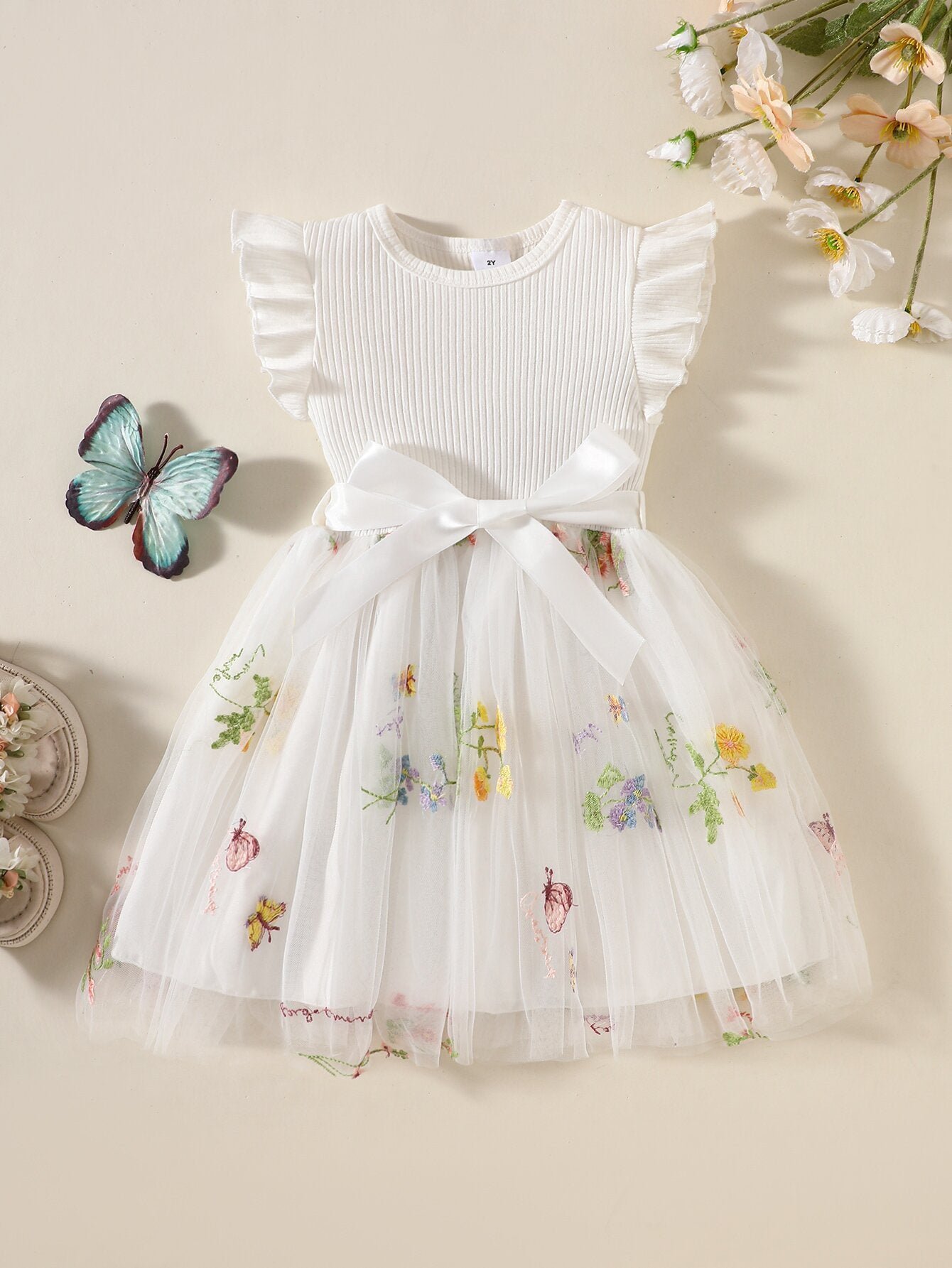 Children's Flounced Sleeve Flower Embroidered Mesh Little Princess Children's Dress