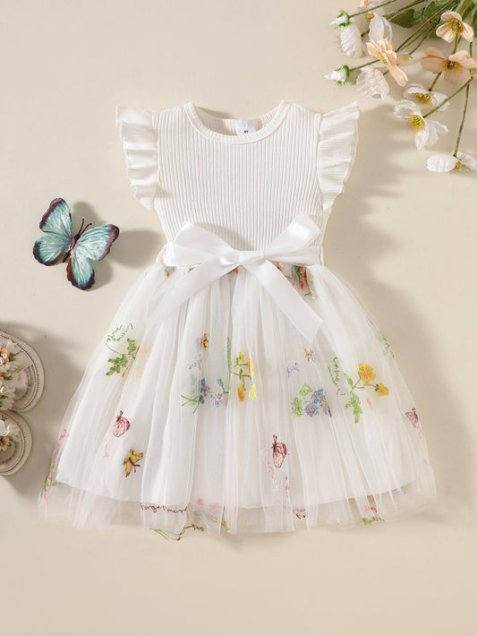 Children's Flounced Sleeve Flower Embroidered Mesh Little Princess Children's Dress