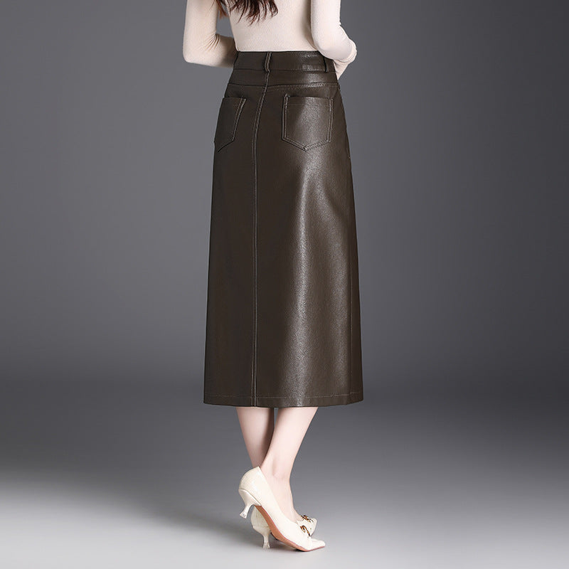 Leather High Waist Long Mid-length One-step Slimming Fashion Skirt