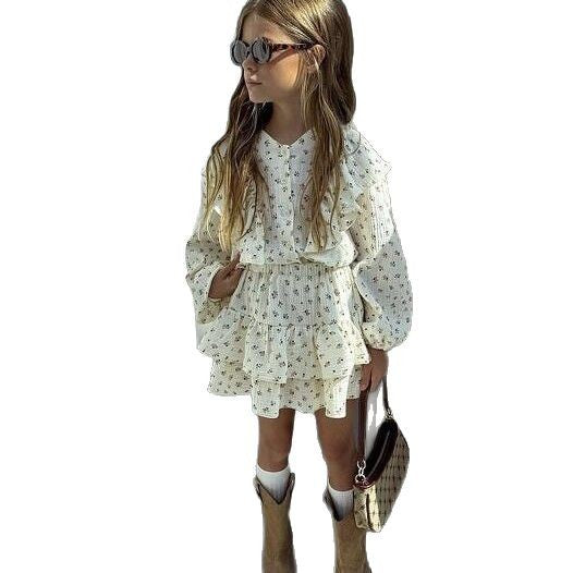 Floral Cotton Linen Lace Shirt Tiered Skirt Children's Suit