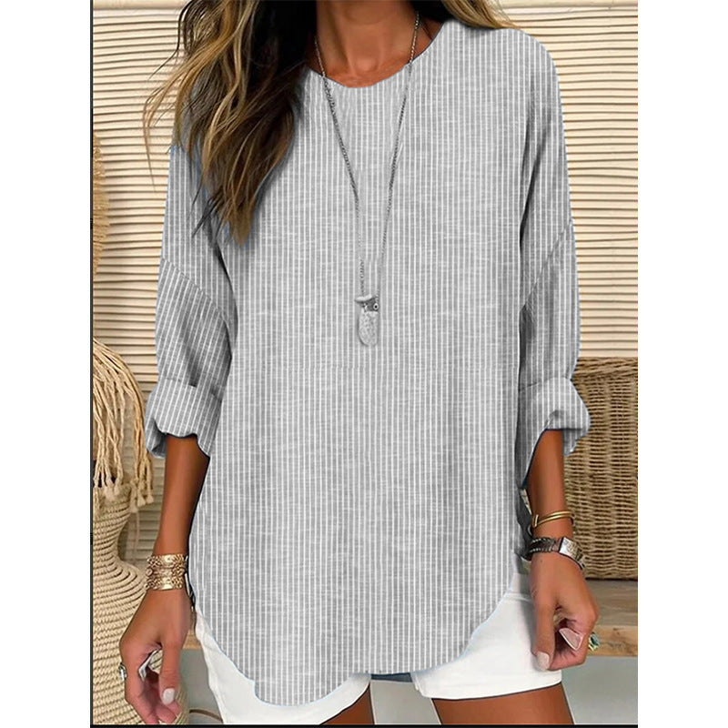 Women's Stripe Design Loose Long Sleeve Round Blouse