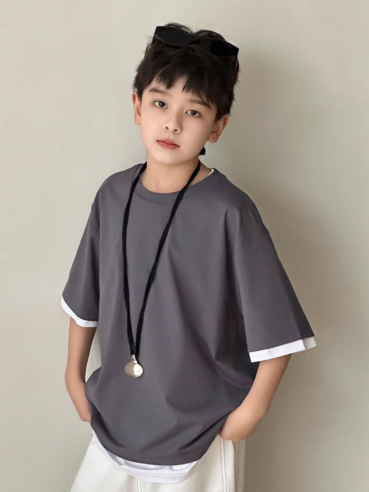 Men's & Children's Short-sleeved Summer Middle Big Dopamine Simple Solid Children's T-shirt