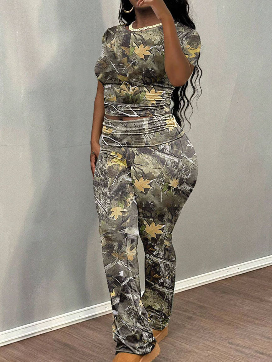 Women's Leisure Random Printed Short-sleeved T-shirt Trousers Suits