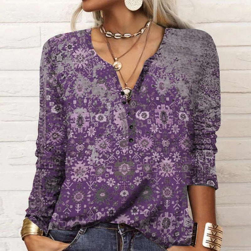 Popular Women's Long-sleeved Printed Ethnic Fashion Women's T-shirt