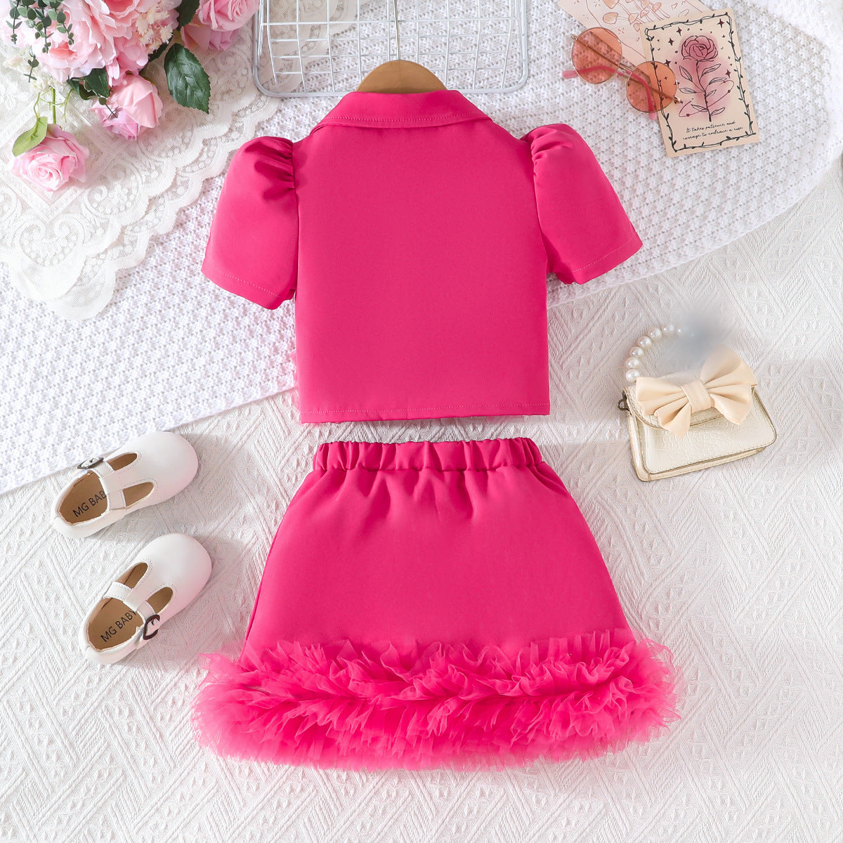 Summer Solid Color Collar Beaded Top Mesh Lace Children's Suit