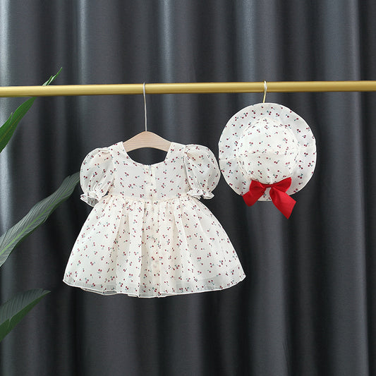 Cherry Princess Puff Sleeve Bow With Sun Children's Dress