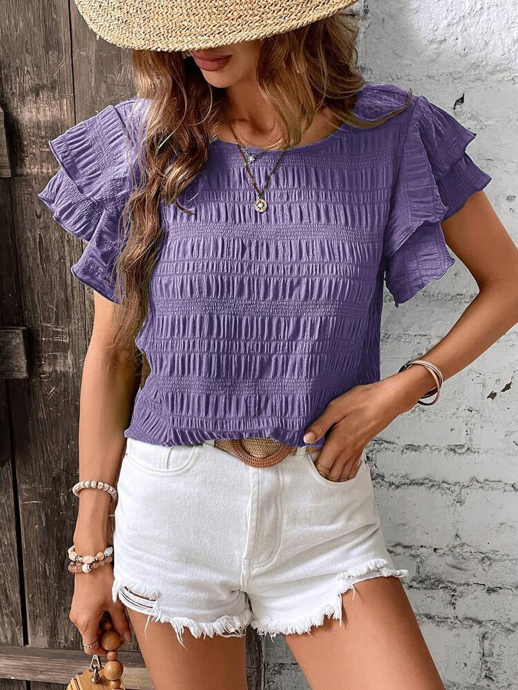Women's Round Neck Double Ruffle Sleeve Casual Tops