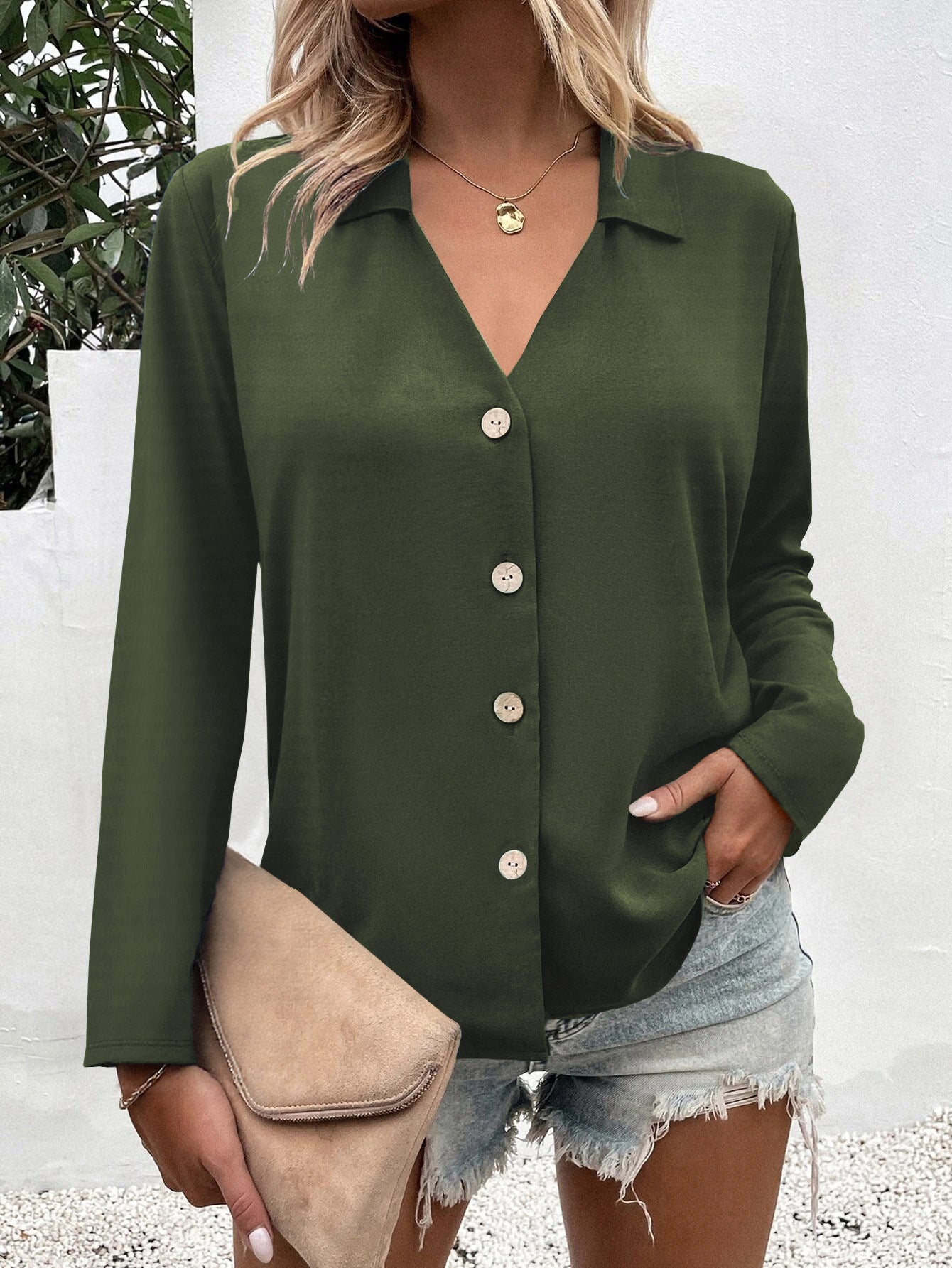 Women's Solid Color Long Sleeve Ice Silk Elegant Blouse