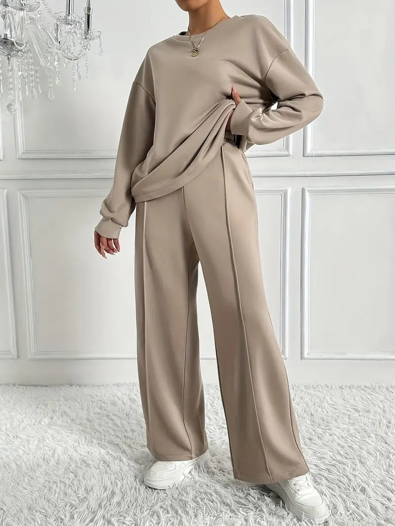 Women's Solid Color Round Neck Long-sleeved Trousers Fashion Casual Suit