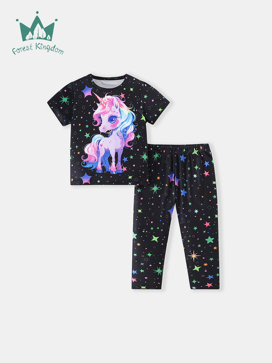 Children's Summer Short-sleeved Trousers Cartoon Unicorn Two-piece Children's Suit