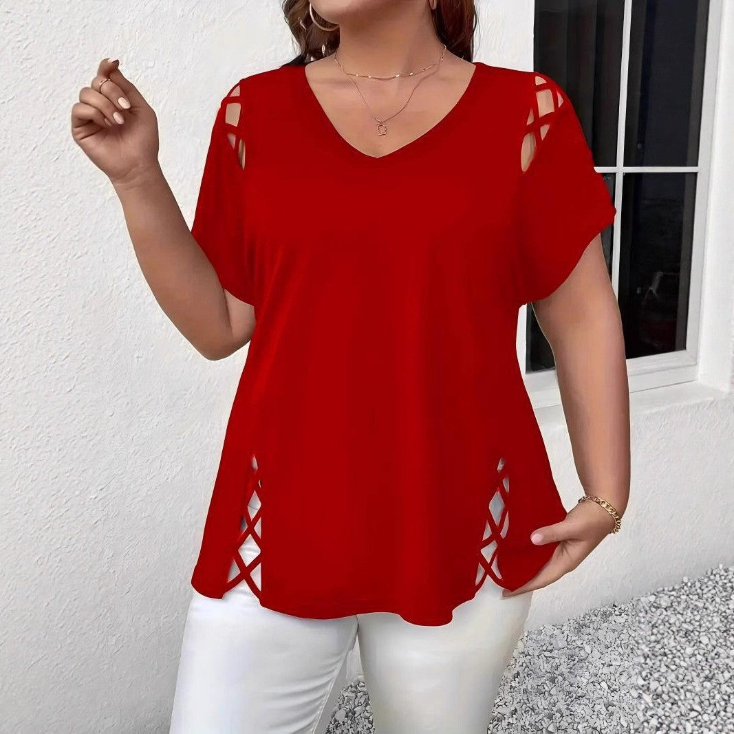 Women's Summer Casual Short-sleeved Shoulder Side Cross Large Size T-shirt