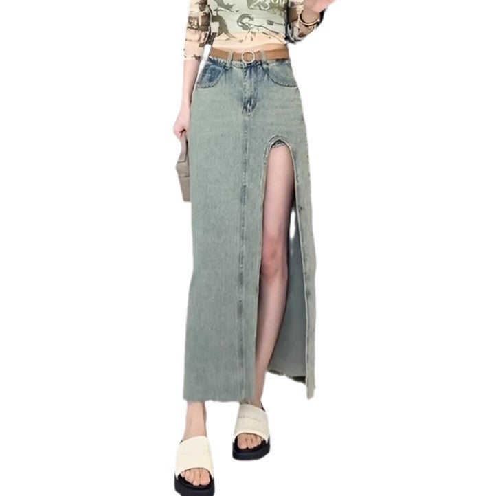 Slit Irregular Female Retro Design Denim Skirt