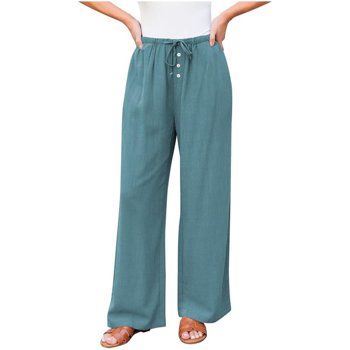 Women's High Waist Comfortable Wide Leg Drawstring Pocket Button Casual Pants