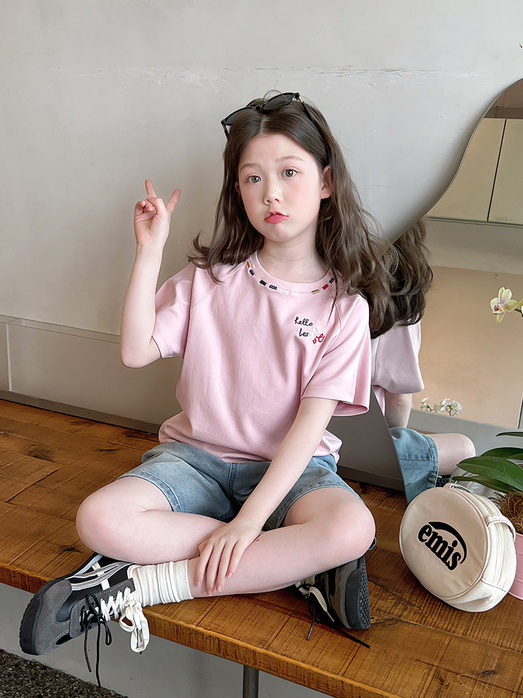 Children's Embroidery Short-sleeved Shirt Fashionable Teens Short Sleeve Clothes Children's T-shirt