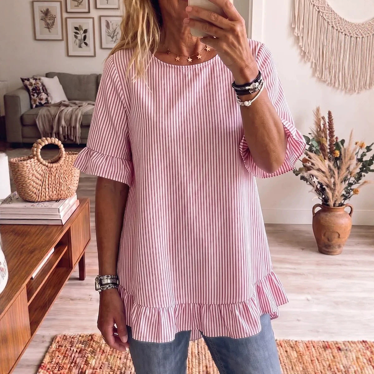 Women's Summer Sleeve Striped Loose Casual Ruffled Women's T-shirt