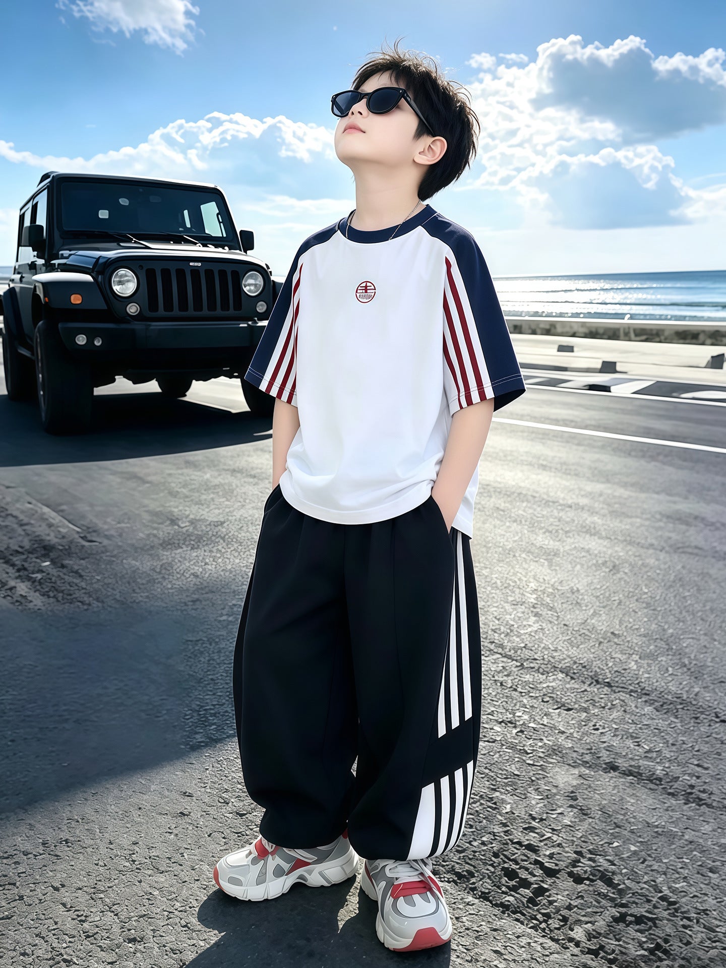 Children's Medium Big Loose Short Sleeve Two-piece Children's Suit