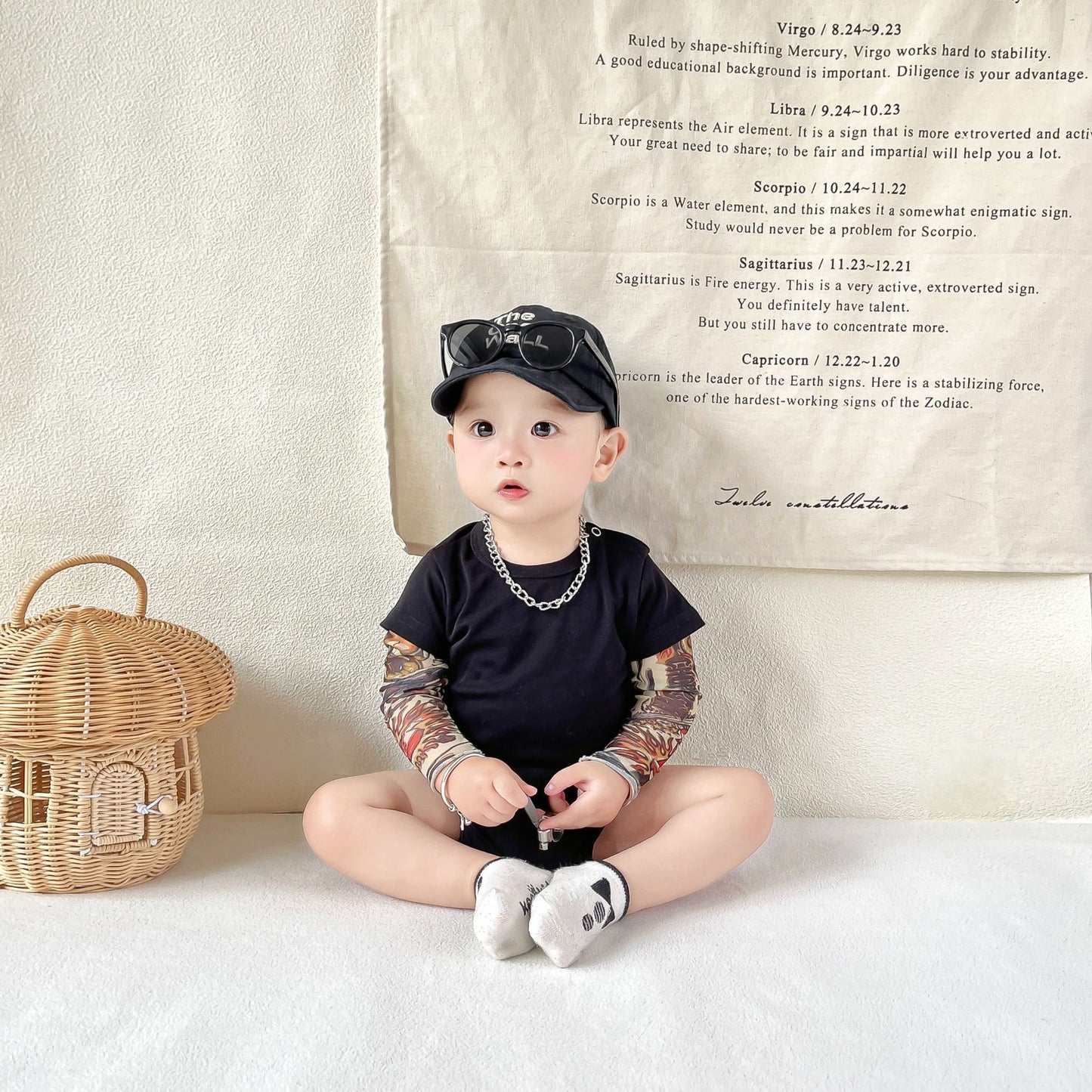Fake Two-piece Tattoo Sleeve Romper Cotton Boy Triangle Jumpsuit, Climbing Suit
