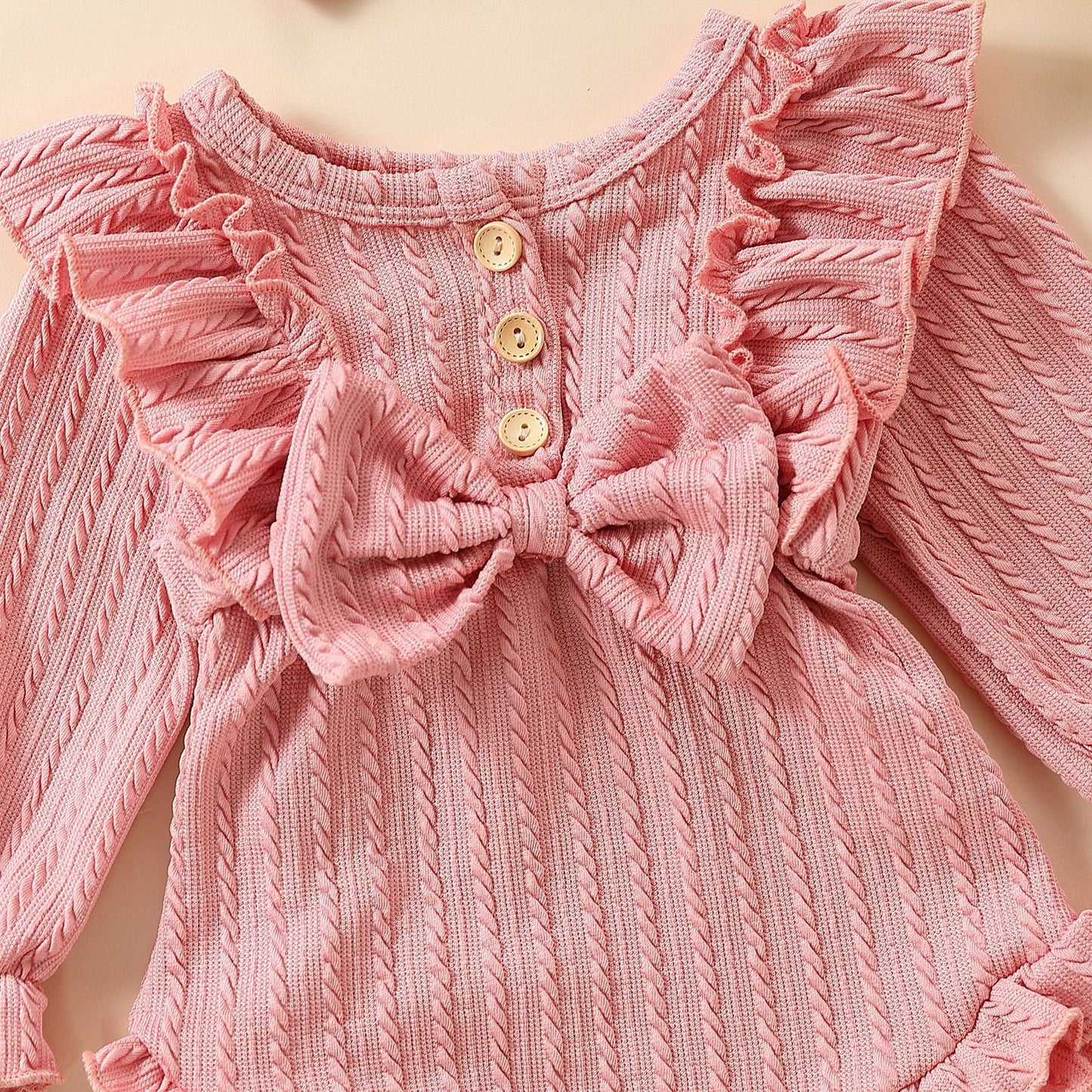 Long Sleeve Bowknot Sunken Stripe Romper Headscarf Two-piece Set Sweet Jumpsuit, Climbing Suit