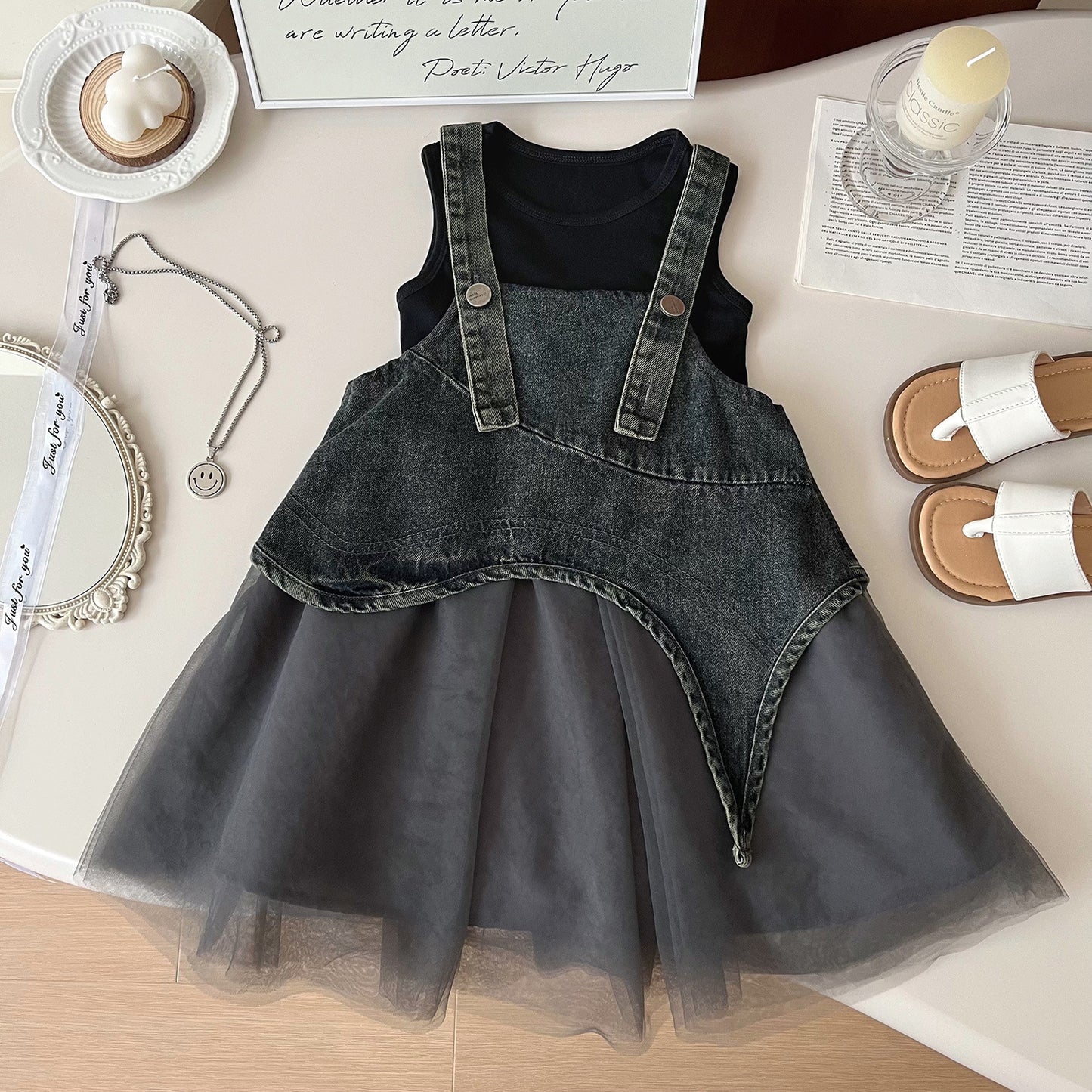 Korean Style Denim Mesh Two-piece Cute Children's Dress