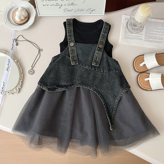 Korean Style Denim Mesh Two-piece Cute Children's Dress