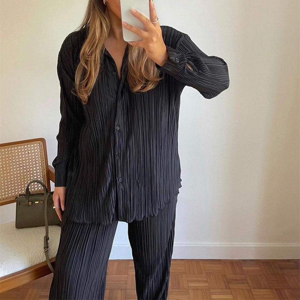 Women's Spring Pleated Design Shirt Outfit Trousers Loose Two-piece Set Fashion Casual Suit