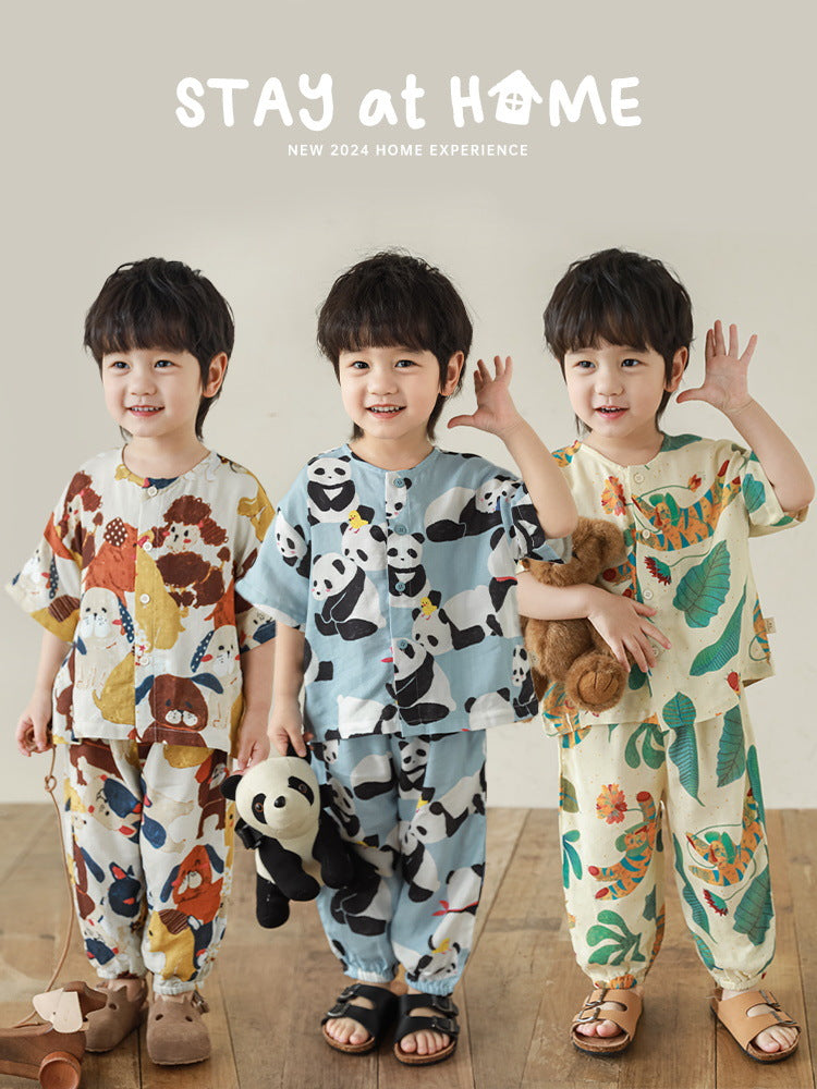 Children's Boy's Summer Thin Short-sleeved Cartoon Loose Soft Pajamas Children's Suit
