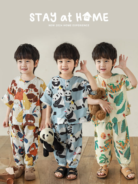 Children's Boy's Summer Thin Short-sleeved Cartoon Loose Soft Pajamas Children's Suit