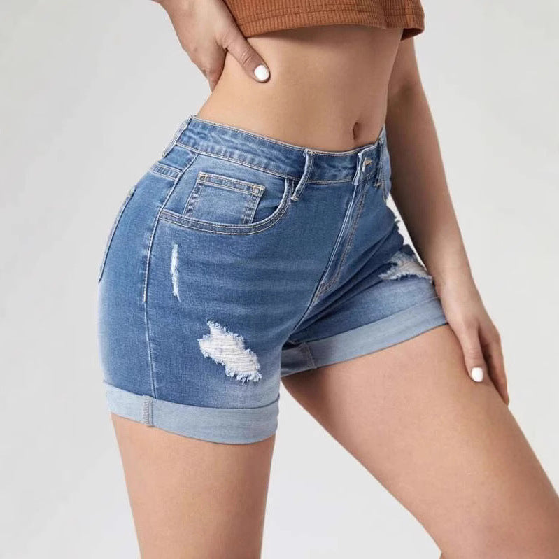 Women's Fashion Ripped Curling High Elastic Waist Denim Women's Jeans