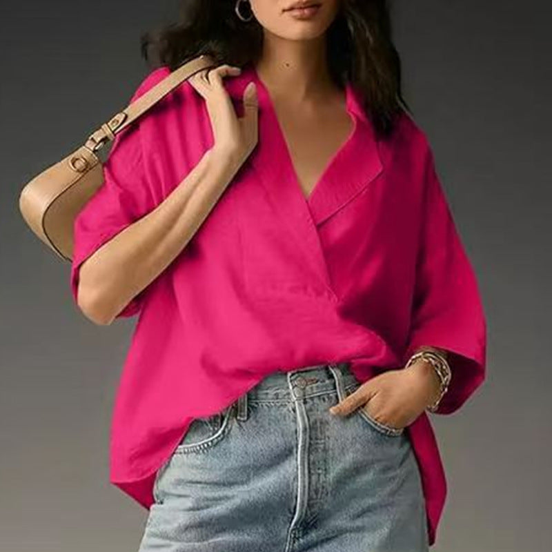 Women's Solid Color Polo Collar Shirt Sleeve Loose Blouse