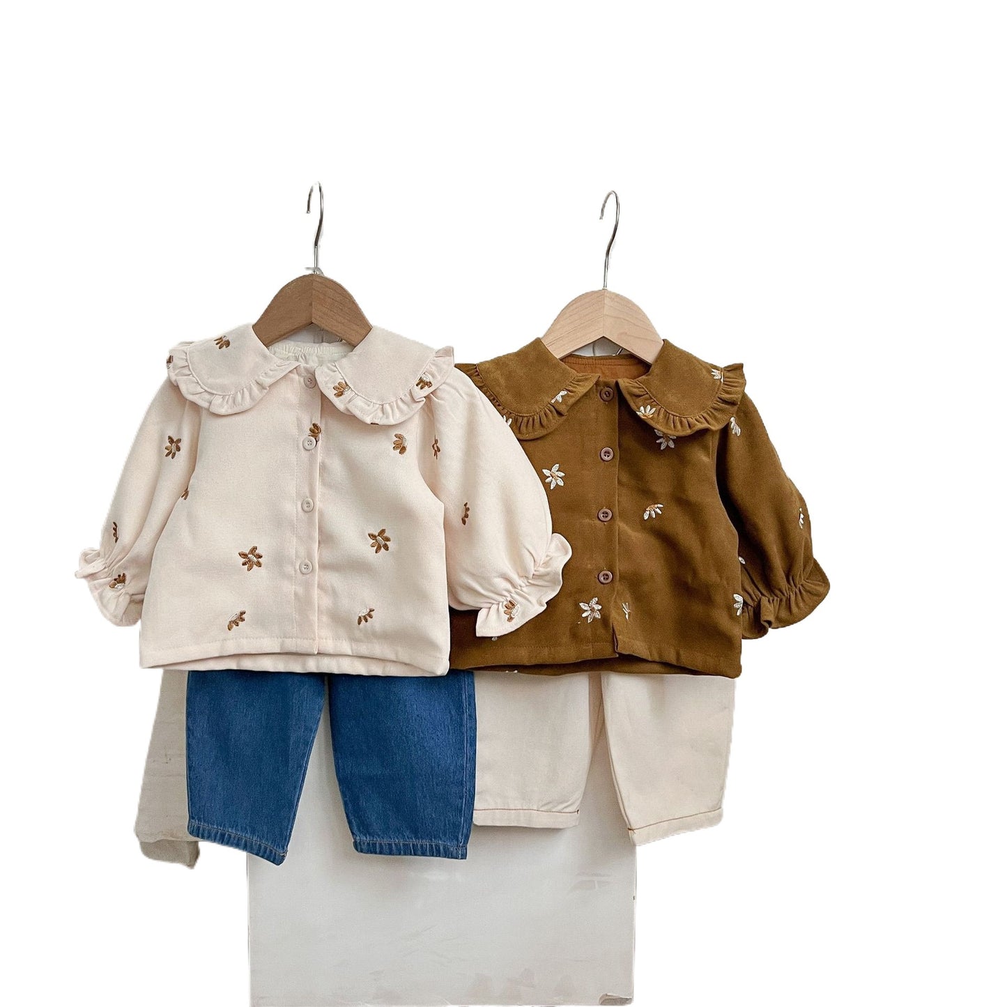 Style Spring Corduroy Embroidered Lapel Shirt Jeans Pure Cotton Loose Children's Suit