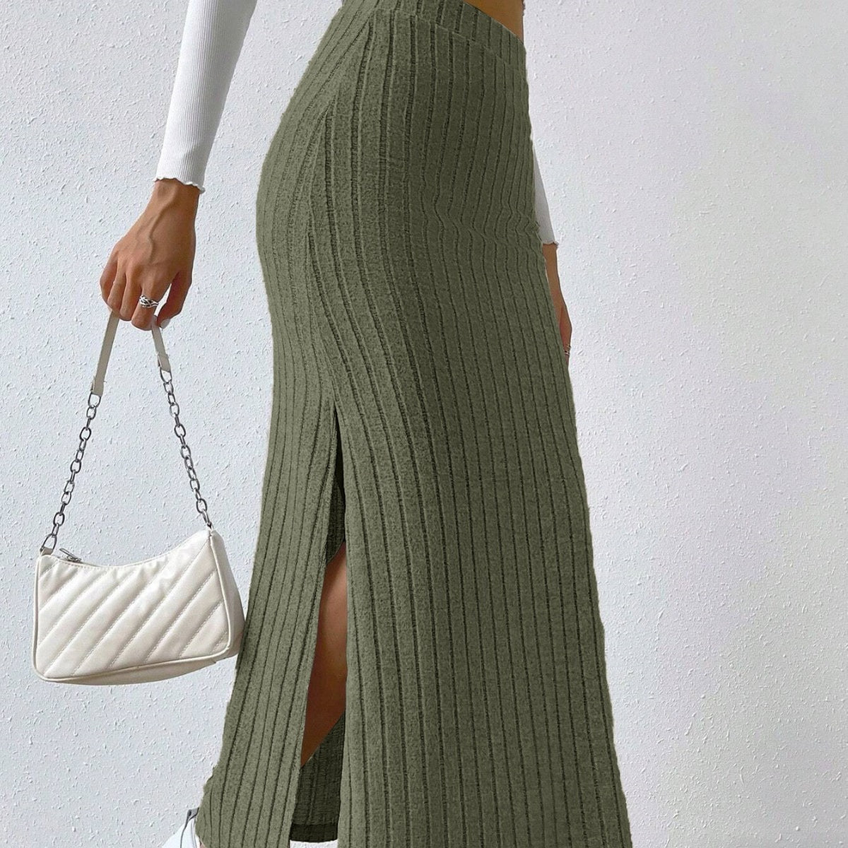 Women's Waist Side Slit Slim Knit Solid Skirt