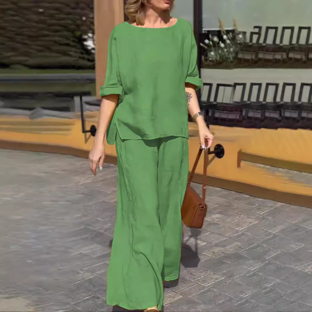 Women's Cotton Linen Solid Color Loose Trousers Suits
