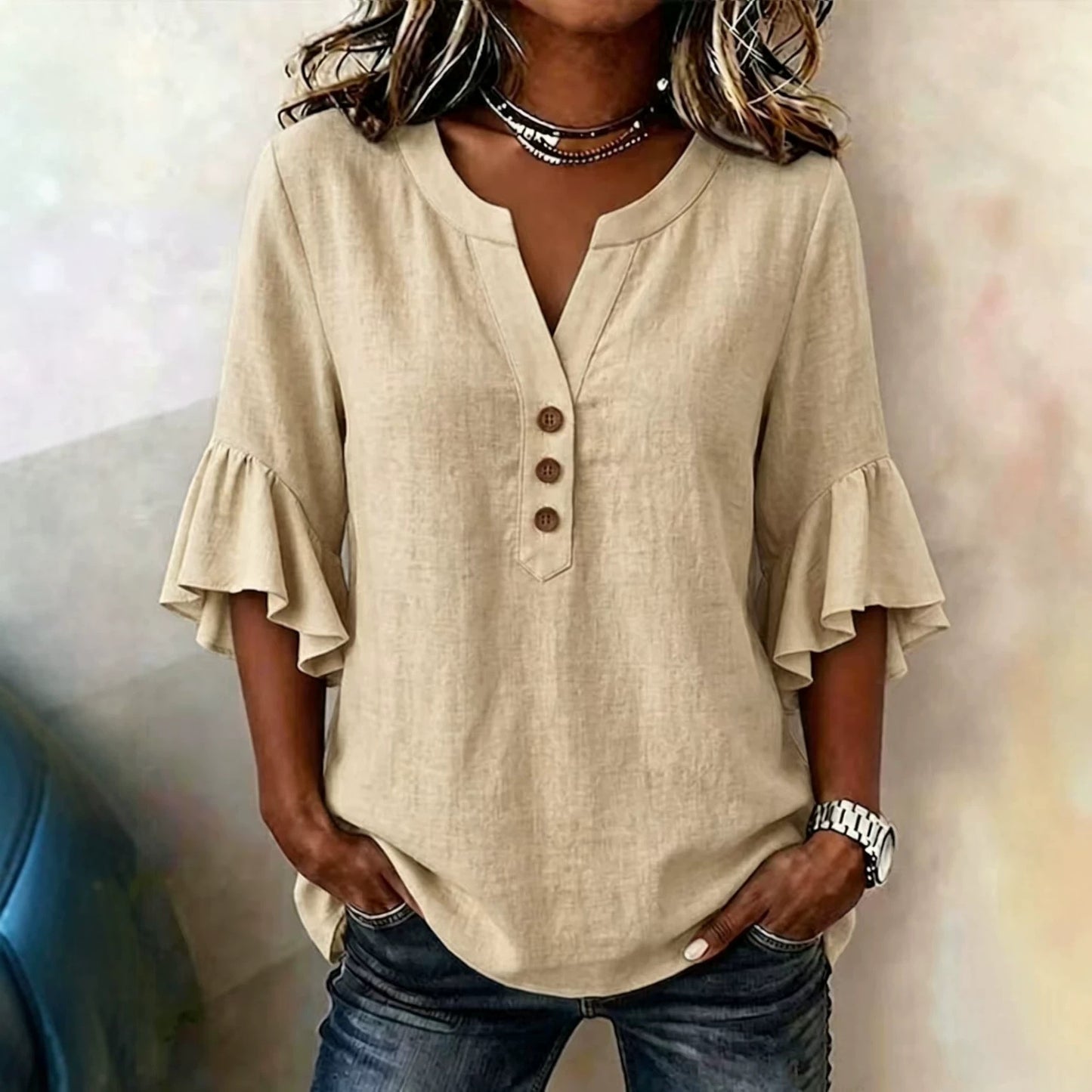 Women's Cotton Linen French Style Gentle Bell Sleeve Loose Casual Shirt Blouse