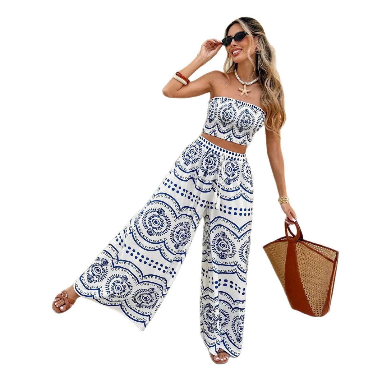 Women's Summer Bohemian Print Tube Wide Leg Suits