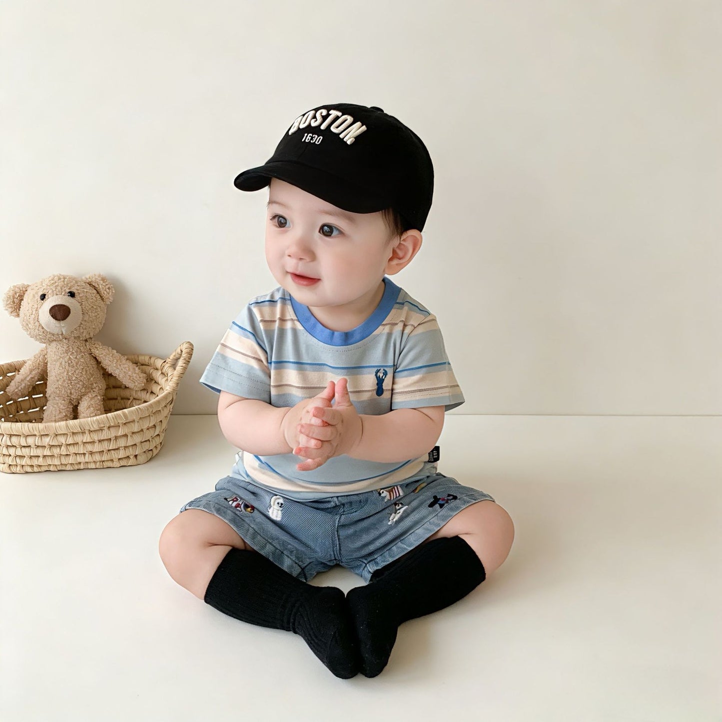 Women's & Men's Infants Summer Striped Embroidery Short-sleeved Shirt Children's T-shirt