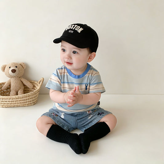 Women's & Men's Infants Summer Striped Embroidery Short-sleeved Shirt Children's T-shirt