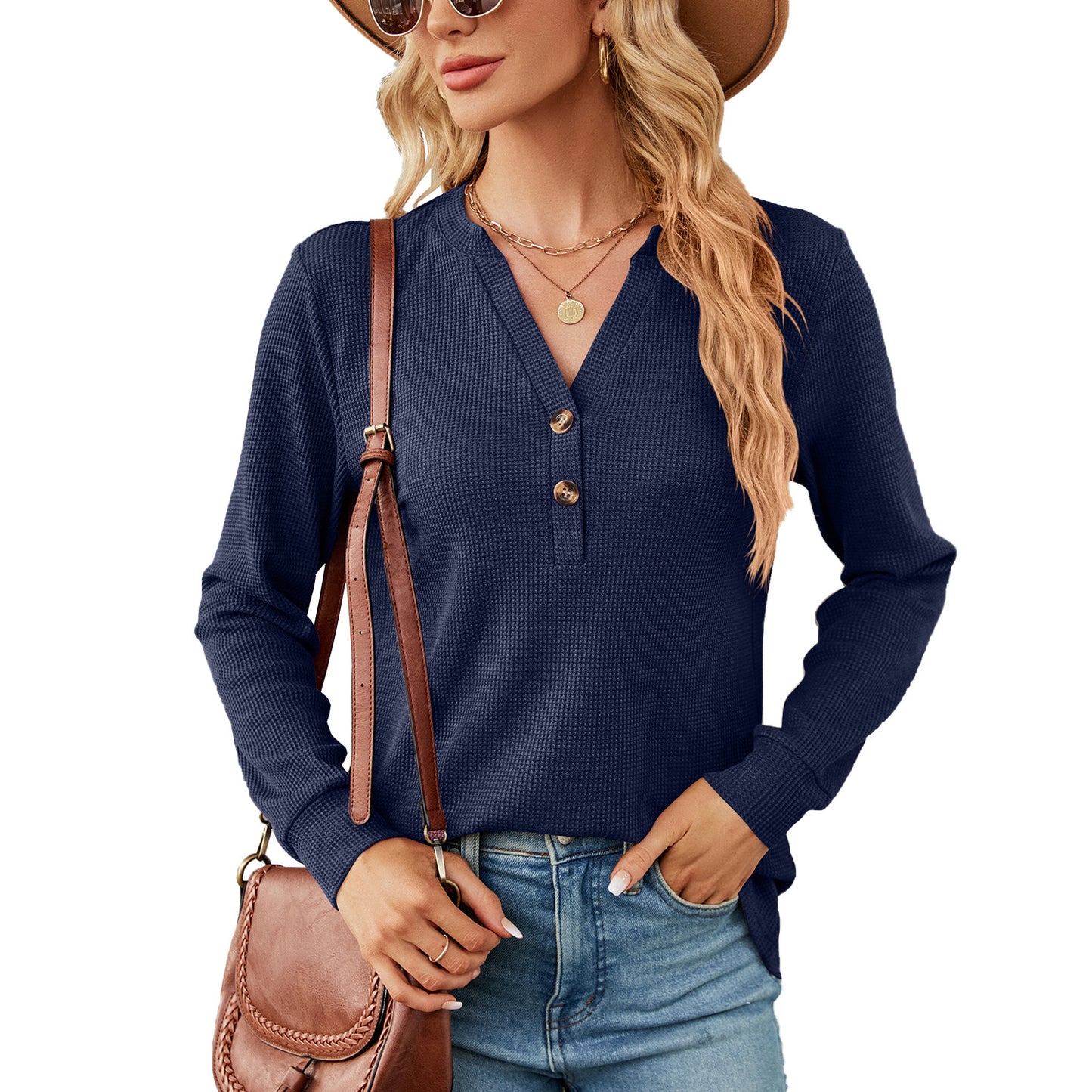 Women's Solid Color Button Loose Long-sleeved Women's T-shirt