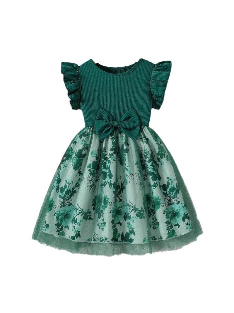 Flounced Sleeve Fake Two-piece Bow Print Stitching Children's Dress