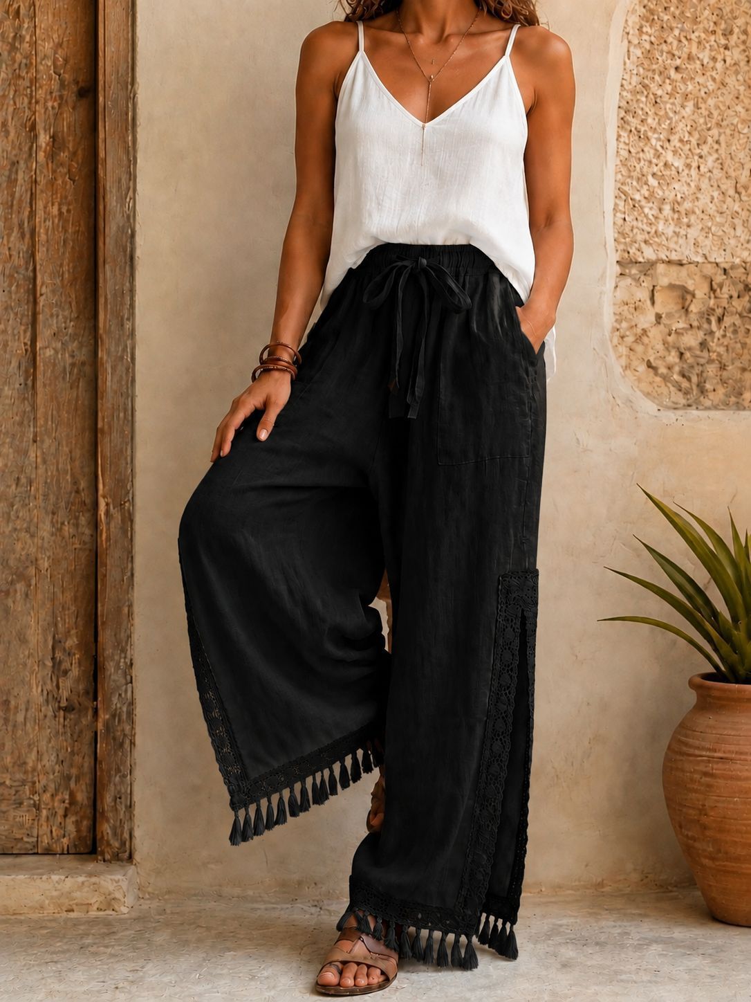 Women's Side Slit Lace Tassel Bohemian Vacation Style Pants