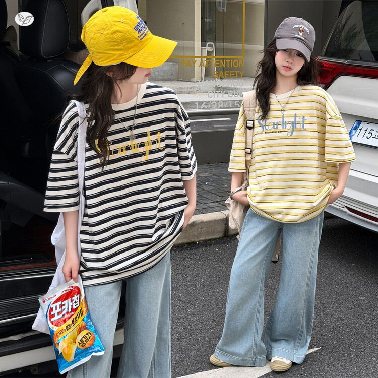 Children's Casual Summer Medium Large Striped Letters Short Sleeve Loose Half Children's Suit