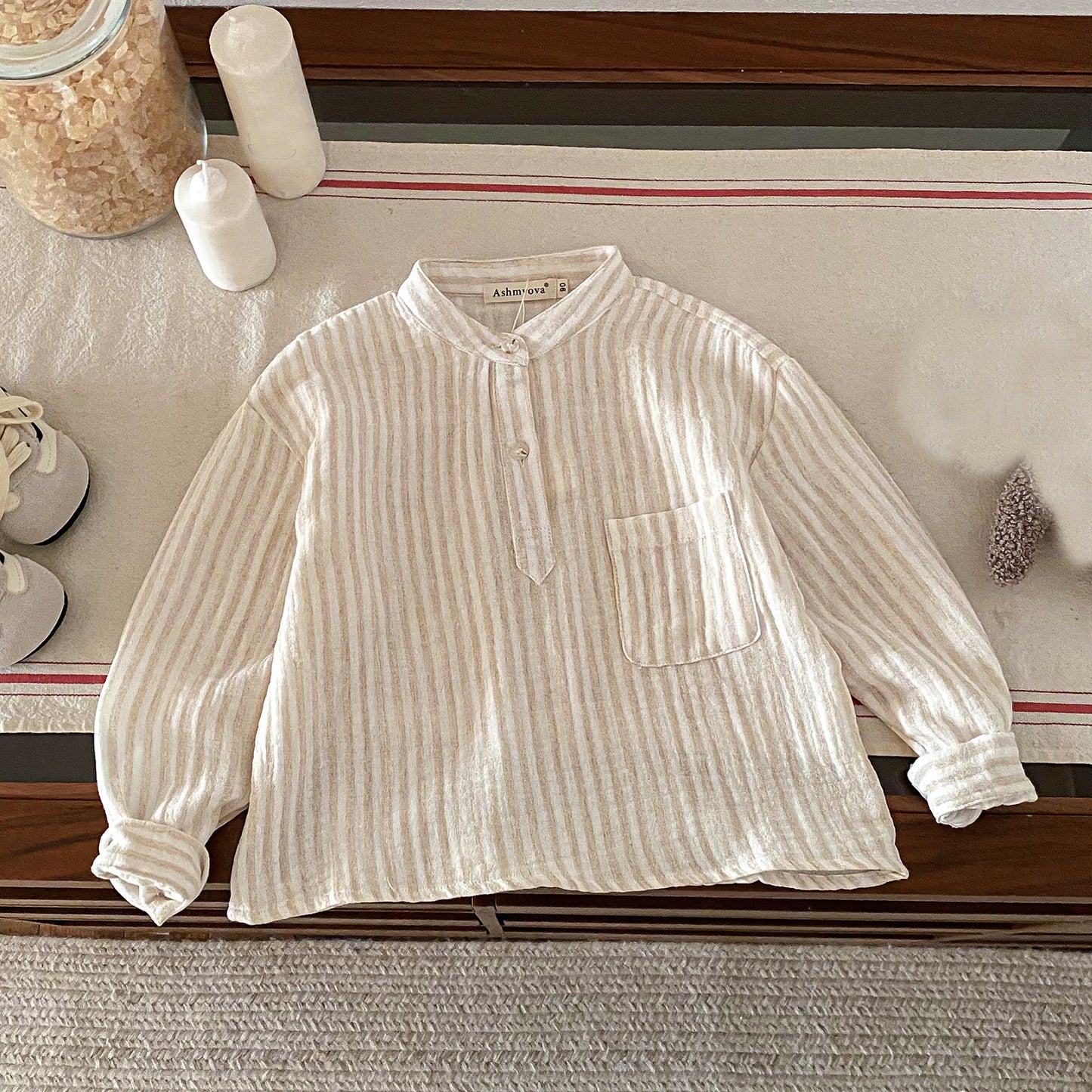 Children's Loose Linen Cotton Long-sleeved Korean Simple Vertical Children's T-shirt