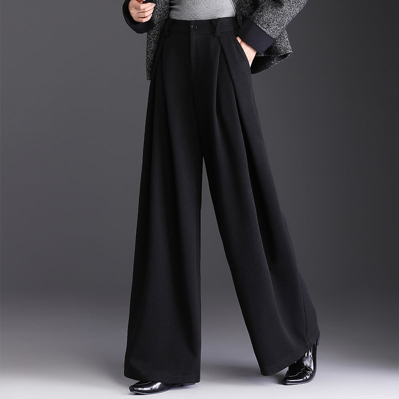 Women's Woolen High Waist Commuter Loose Cover Wide Leg Draping Casual Pants
