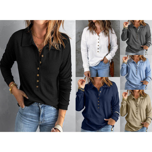 Women's Solid Color Single-breasted Lapel Long Sleeve Loose Casual Women's T-shirt