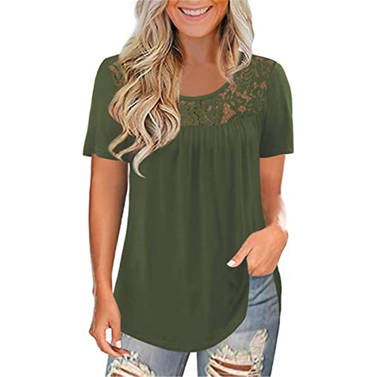 Women's Sleeve Lace Pleated Shirt Summer Waist Temperament Plus Size