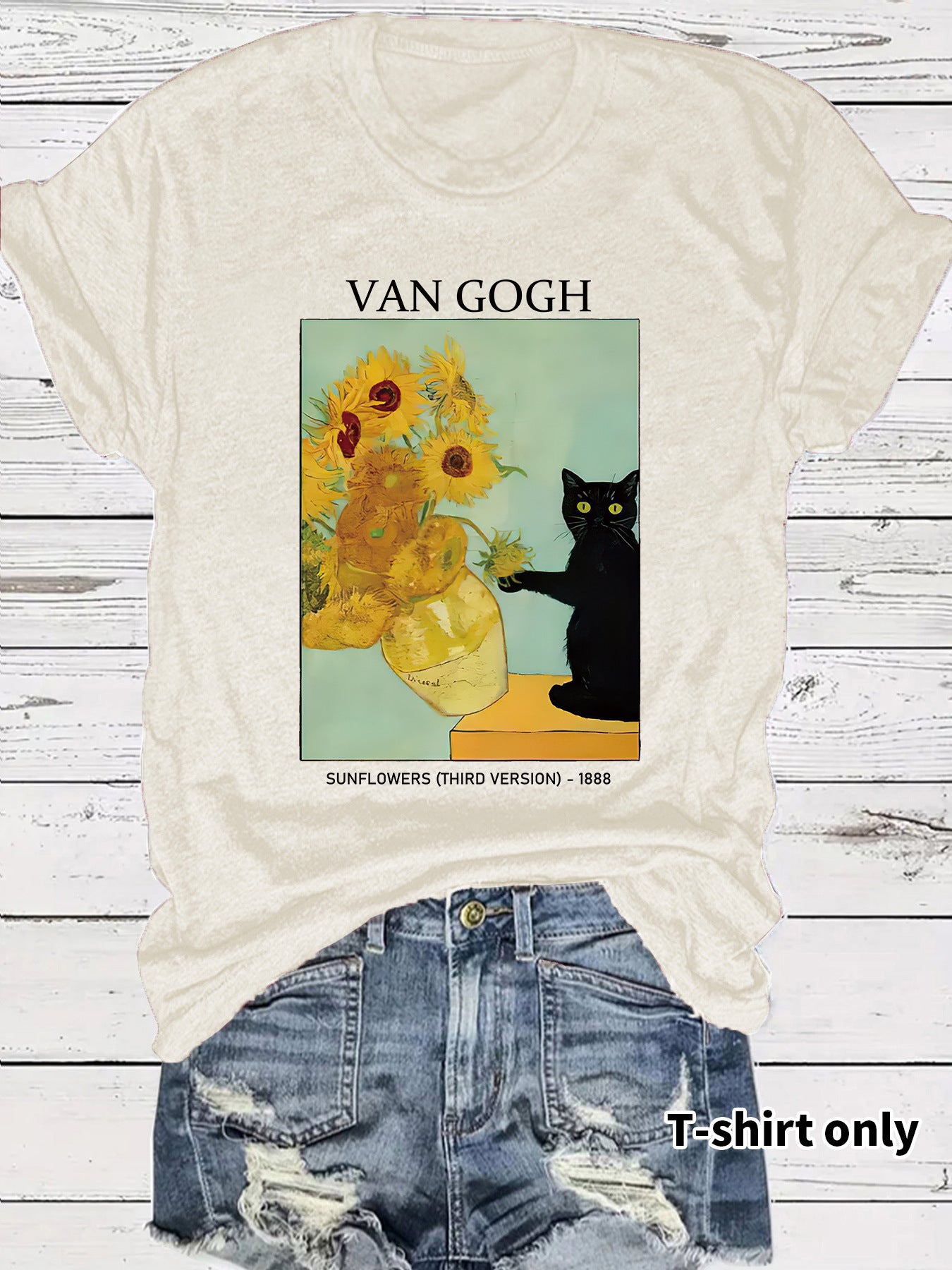 Women's Van Gogh Sunflower Cat Art Print Loose Casual Round Neck Women's T-shirt