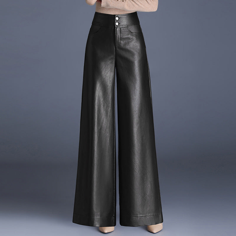 Women's Leather Fleece-lined Thickened High Waist Loose Casual Pants