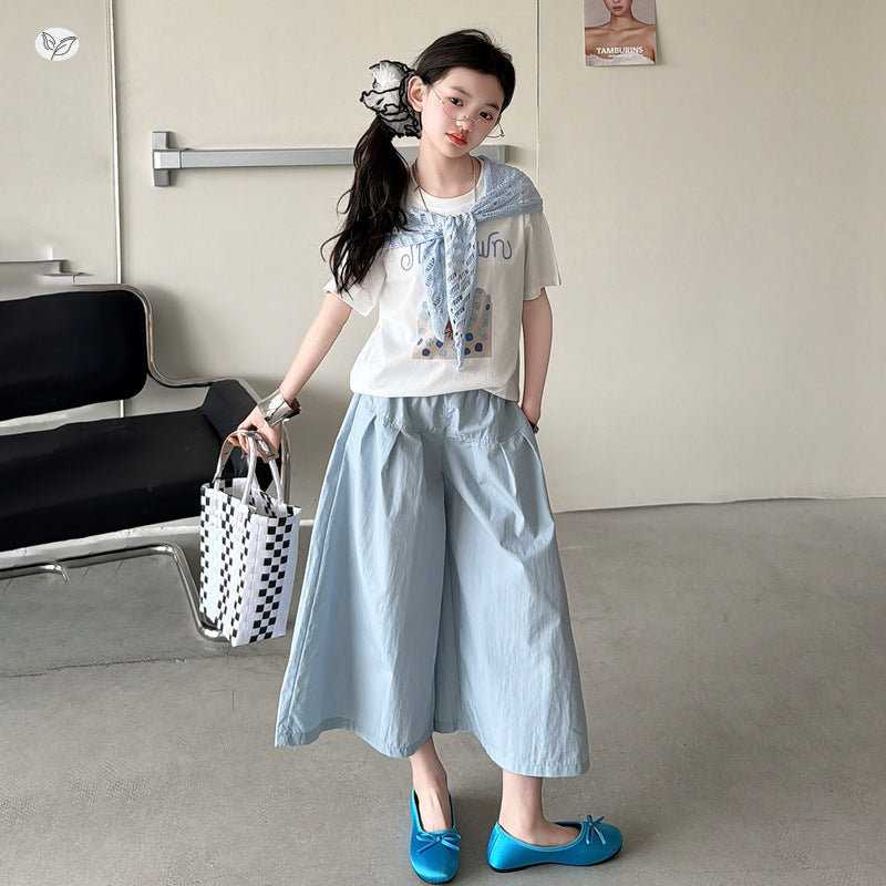 Fishnet Shawl Summer Middle Big Cartoon Printed Children's Suit