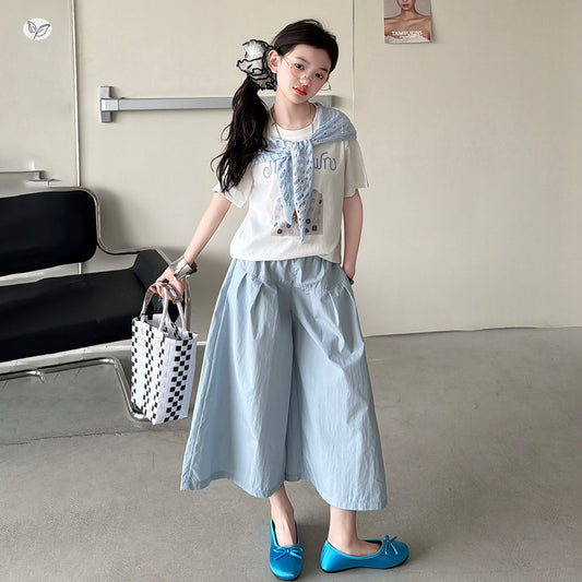 Fishnet Shawl Summer Middle Big Cartoon Printed Children's Suit