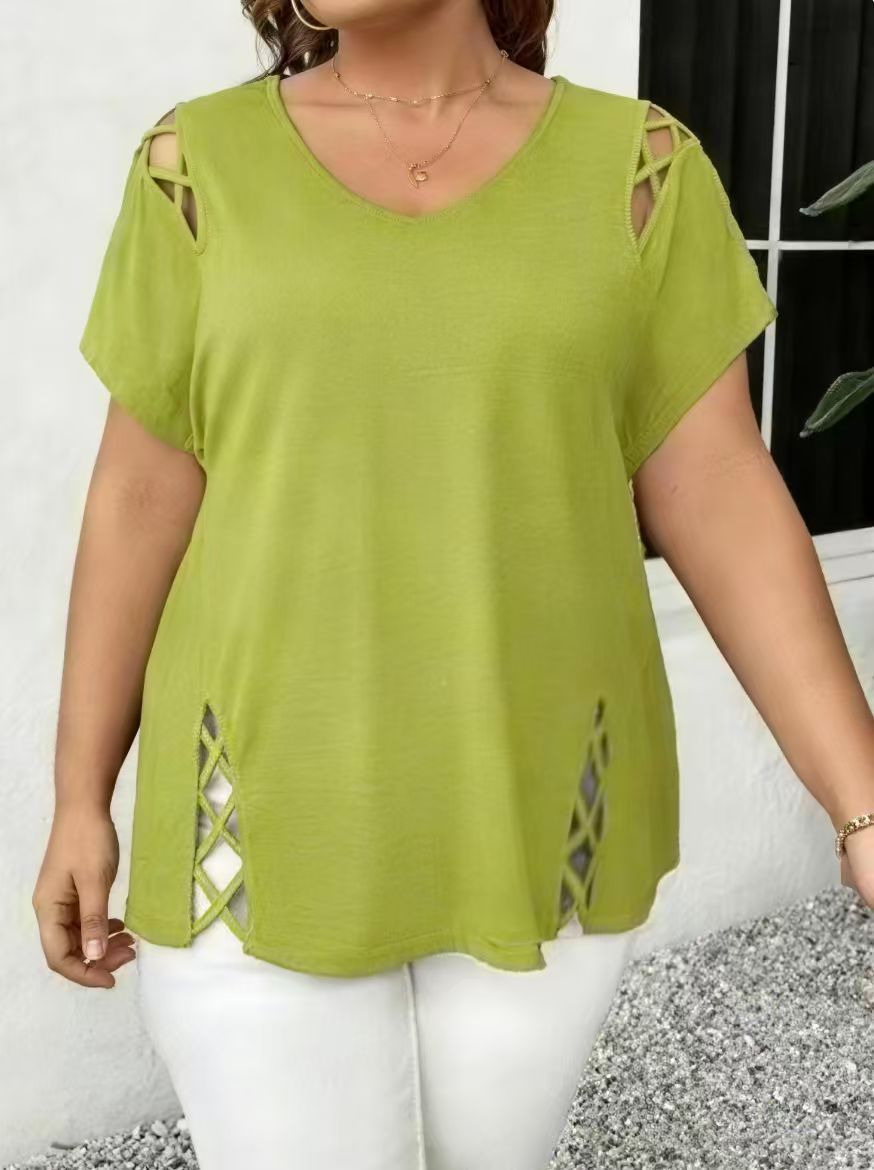 Women's Summer Casual Short-sleeved Shoulder Side Cross Large Size T-shirt